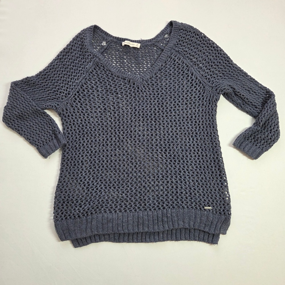 Abercrombie & Fitch Womens Open Knit V-Neck Sweater Blue Grey Size M‎ Raglan